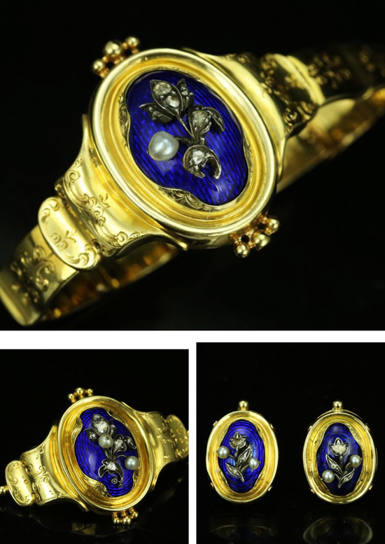法国拿破仑三世时期 一套完整的18k金蓝色珐琅彩钻石珍珠手镯、耳环和胸针